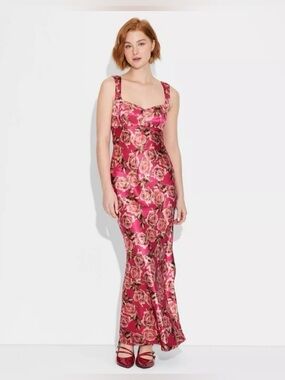 Wild Fable Women’s Satin Maxi Dress Red Floral Bodycon Size Small.